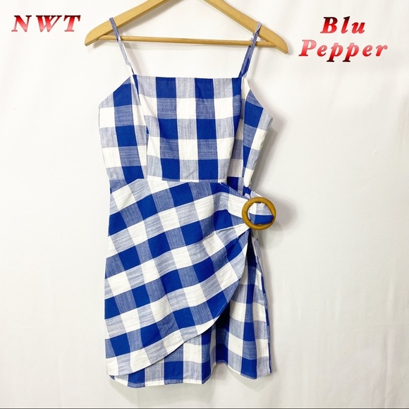 Blu Pepper Dresses & Skirts - NWT-Blu Pepper Blue Check Strappy Wrap Linen Blend Sundress M
